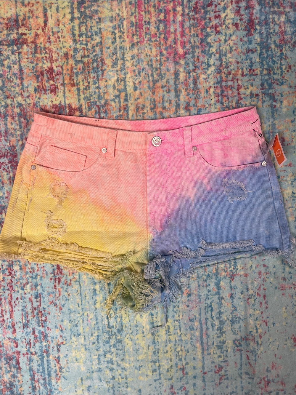 UNIF Pastel Tie-Dye Distressed Denim Shorts - Pink, Yellow & Blue
